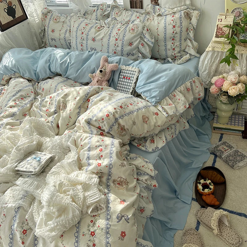 Korean Princess Floral Ruffles Bedding Set, 4 Pcs