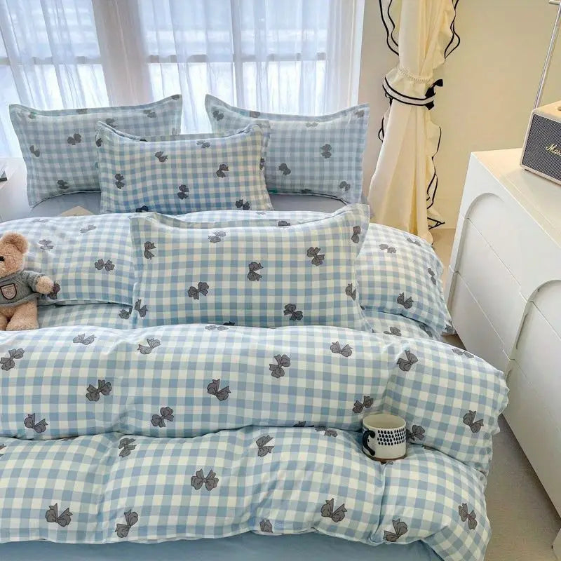 Pink Plaid Duvet Cover Set Kawaii Bowknot 4pcs