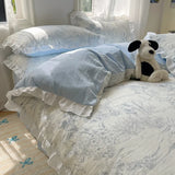 Blue Floral Ruffle Duvet Cover Set Queen 4Pcs