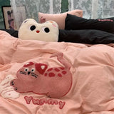 Korean Style Bedding Set with Black Cat Embroidery 4 pcs