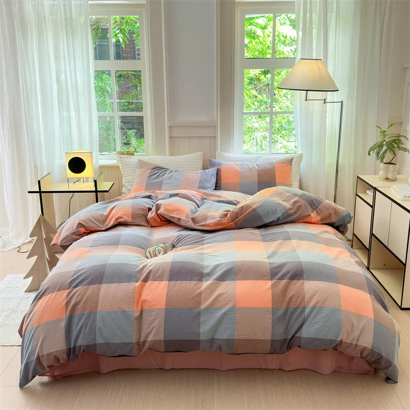Colorful Cotton Plaid Duvet Cover Set, 3 Pcs