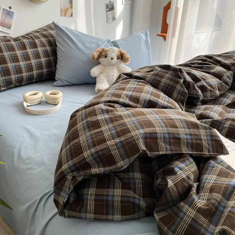 Bedding Set Ins Ambiance Blue Coffee Grid, 4-Piece Set