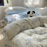 Blue Floral Ruffle Duvet Cover Set Queen 4Pcs