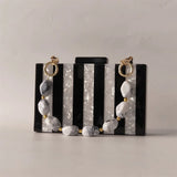 White Marble Black Striped Acrylic Box Clutch Handbag