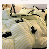 Korean Style Bedding Set with Black Cat Embroidery 4 pcs
