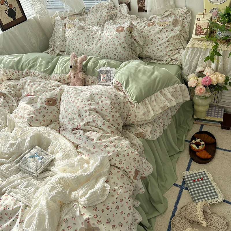 Korean Princess Floral Ruffles Bedding Set, 4 Pcs