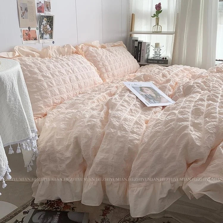 Kawaii INS Girl Blue Bedding Set with Ruffles 4 pcs