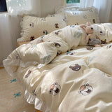 Blue Floral Ruffle Duvet Cover Set Queen 4Pcs