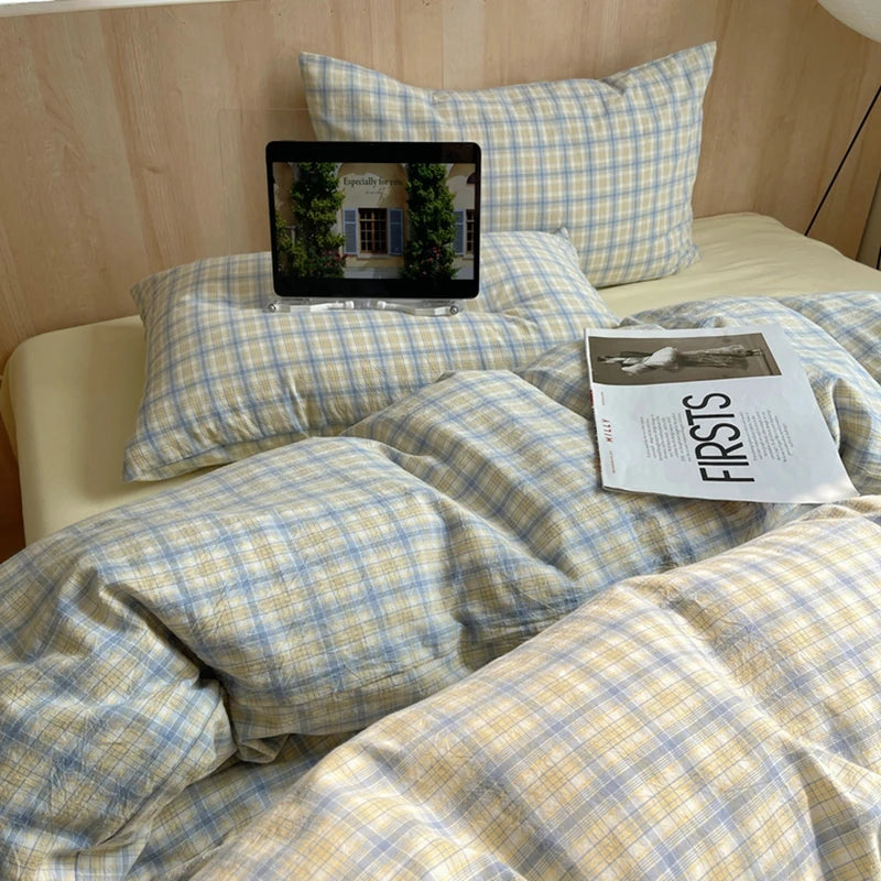 Pink Striped Plaid Duvet Cover Set with 2 Pillowcases