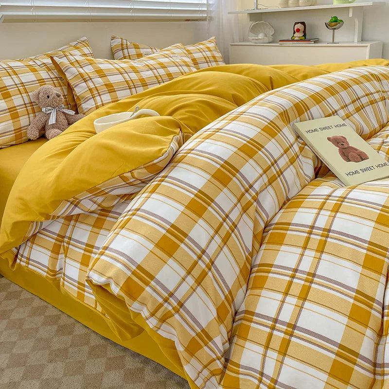 Nordic Plaid Wash Cotton Bedding Set, 4 Pcs