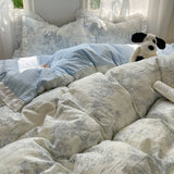 Blue Floral Ruffle Duvet Cover Set Queen 4Pcs