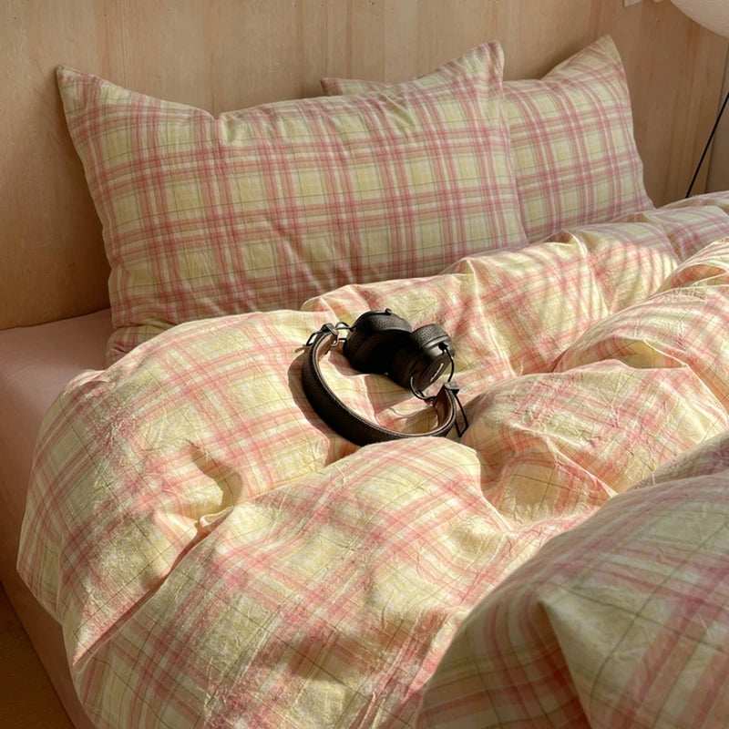 Pink Striped Plaid Duvet Cover Set with 2 Pillowcases