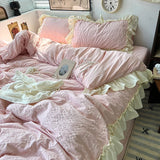 Pink Korean Princess Lace Ruffles Bedding Set 4 Pcs