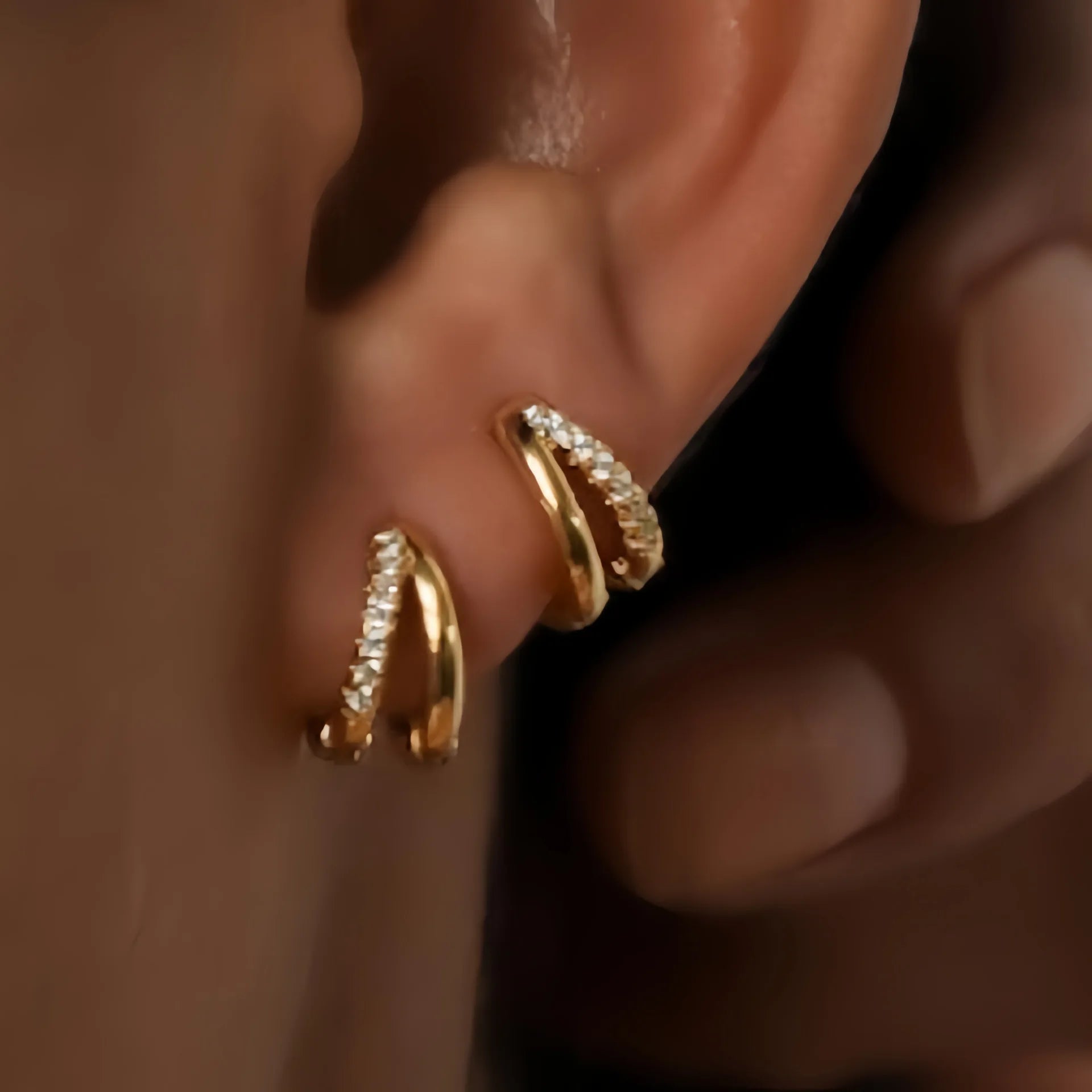 Europe Double Layered Zircon Hoop Earrings Gold Silver Color