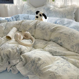 Blue Floral Ruffle Duvet Cover Set Queen 4Pcs