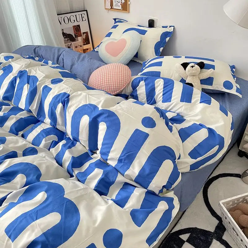 Korean Style Blue Letter Bedding Set for All Sizes 4 pcs