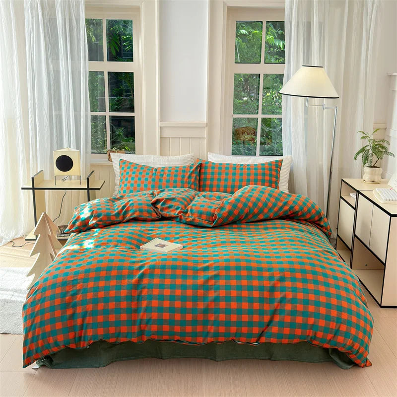Colorful Cotton Plaid Duvet Cover Set, 3 Pcs