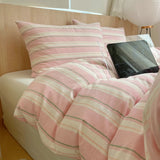 Pink Striped Plaid Duvet Cover Set with 2 Pillowcases