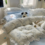 Blue Floral Ruffle Duvet Cover Set Queen 4Pcs