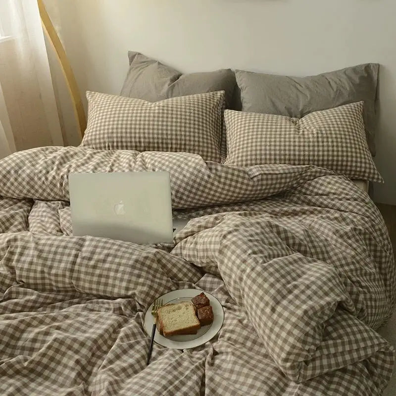 Simple Bedding Set Plaid Queen Duvet Cover Kit 4pcs