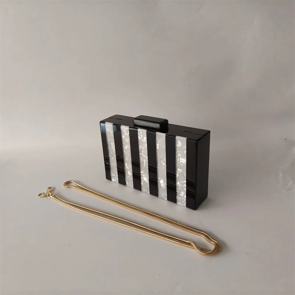 White Marble Black Striped Acrylic Box Clutch Handbag