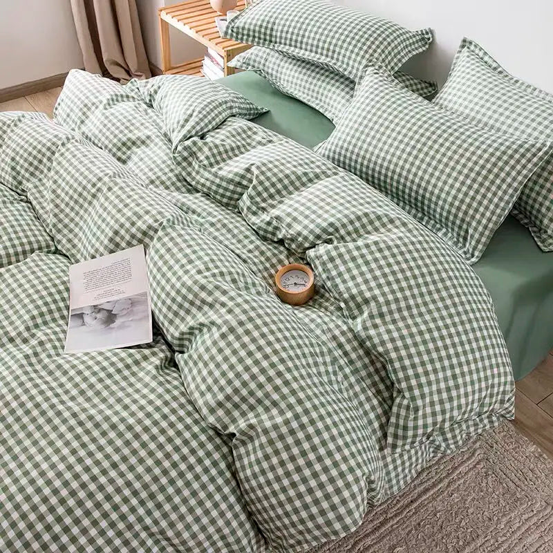 Simple Bedding Set Plaid Queen Duvet Cover Kit 4pcs
