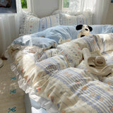 Blue Floral Ruffle Duvet Cover Set Queen 4Pcs