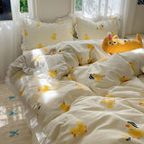 Blue Floral Ruffle Duvet Cover Set Queen 4Pcs