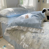 Blue Floral Ruffle Duvet Cover Set Queen 4Pcs