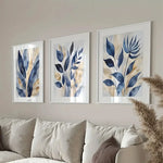Frameless Blue Light Gold Watercolor Plants Art 3 Pcs Set  Clean Vanilla Store