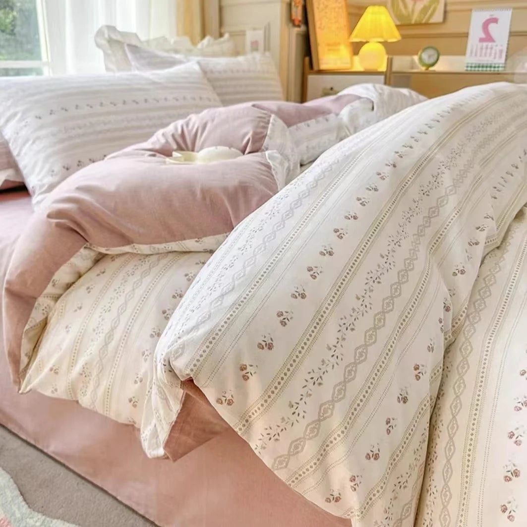 INS Gentle Pink Rose Bedding Set for Girls Women Kawaii 4 pcs