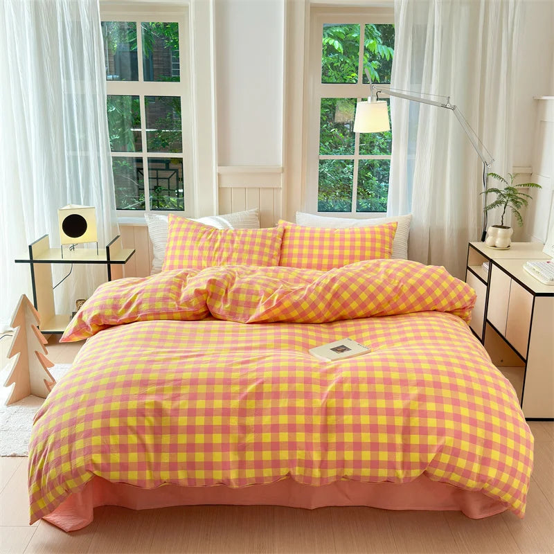 Colorful Cotton Plaid Duvet Cover Set, 3 Pcs
