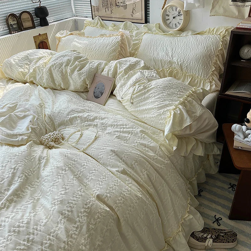 Pink Korean Princess Lace Ruffles Bedding Set 4 Pcs