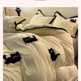 Korean Style Bedding Set with Black Cat Embroidery 4 pcs