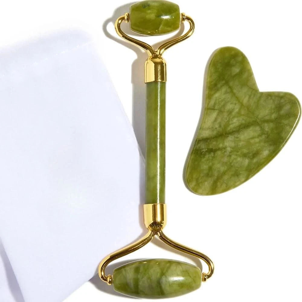 Jade Roller and Gua Sha set Spa Grade Green Face Massager 100% Authentic Stone - Clean Vanilla