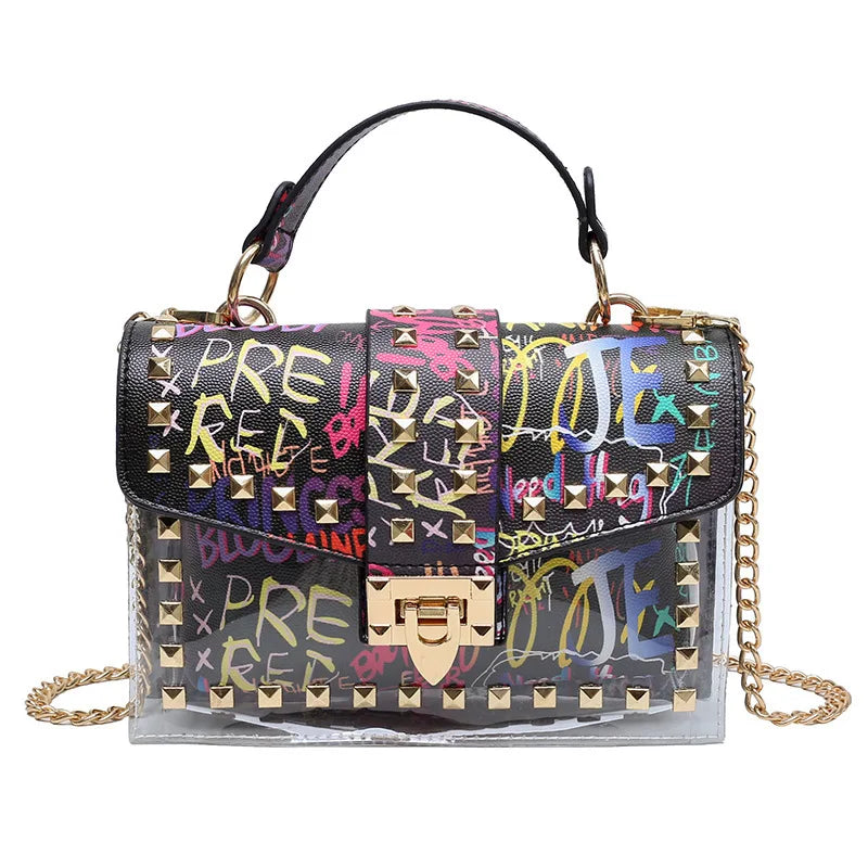 Women Studded Graffiti Crossbody Shoulder Bag 2023