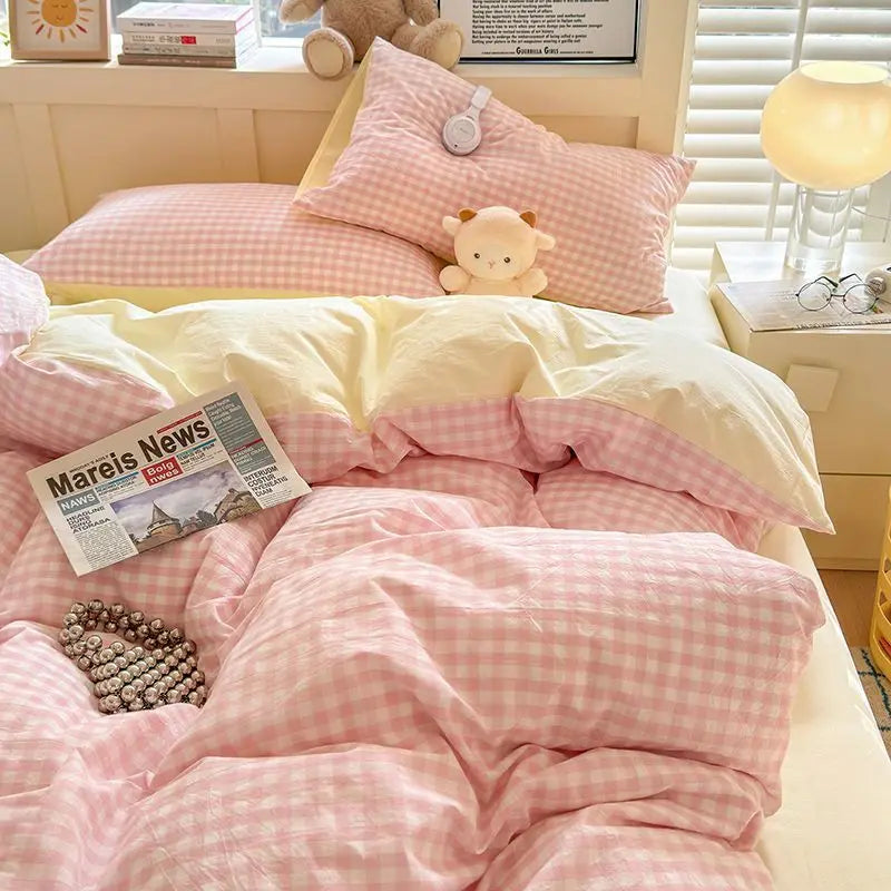 Pink Solid Bedding Set With Duvet Cover & Pillowcases 4 pcs
