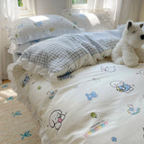 Blue Floral Ruffle Duvet Cover Set Queen 4Pcs