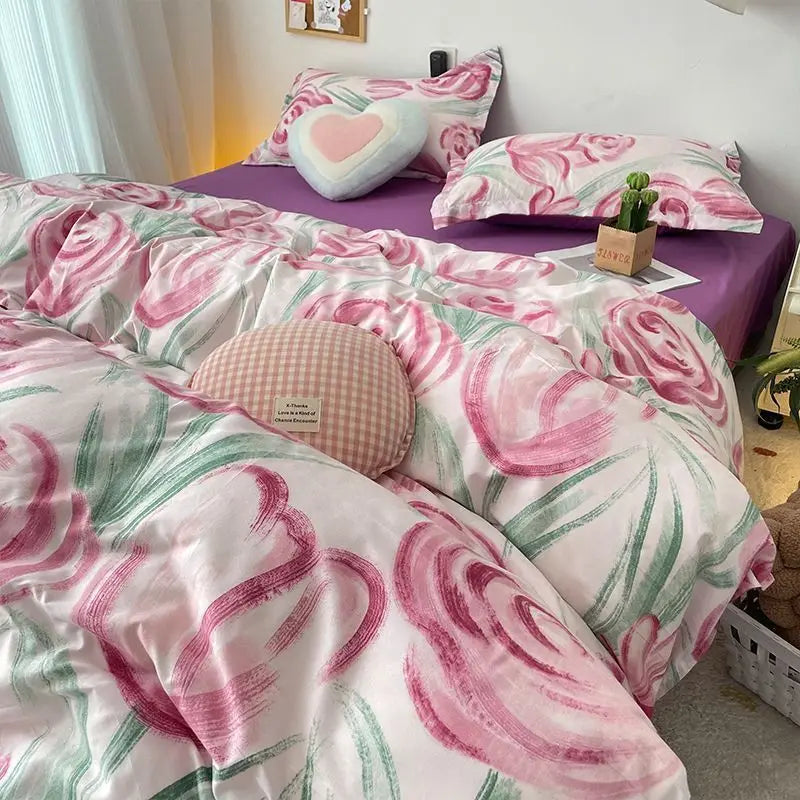 Korean Style Blue Letter Bedding Set for All Sizes 4 pcs