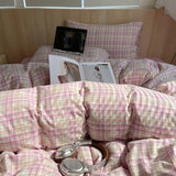 Pink Striped Plaid Duvet Cover Set with 2 Pillowcases