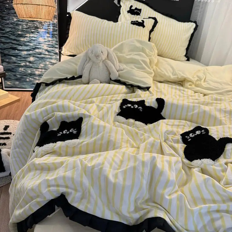 Korean Style Bedding Set with Black Cat Embroidery 4 pcs