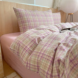 Pink Striped Plaid Duvet Cover Set with 2 Pillowcases