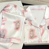 Kawaii Youth Girl's Cute Cat Satin PJs Set  Clean Vanilla Store