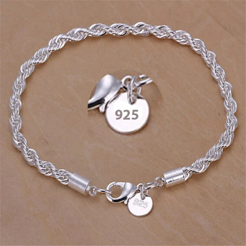 New High Quality 925 Sterling Silver Twisted Rope Bracelet