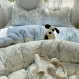 Blue Floral Ruffle Duvet Cover Set Queen 4Pcs