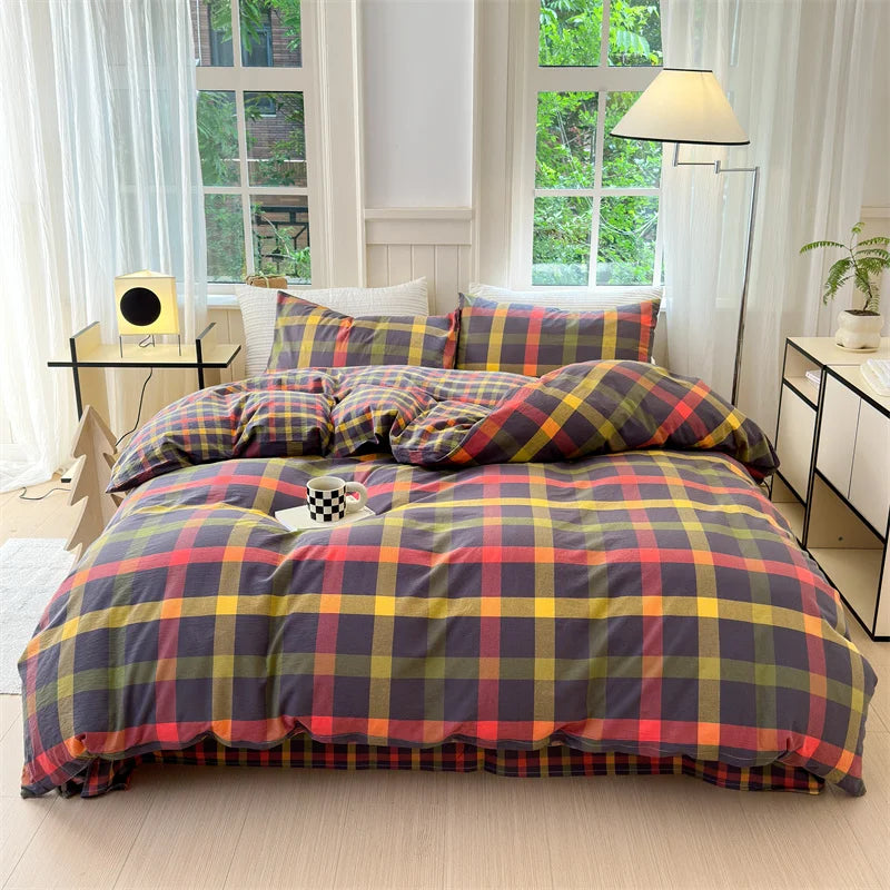 Colorful Cotton Plaid Duvet Cover Set, 3 Pcs