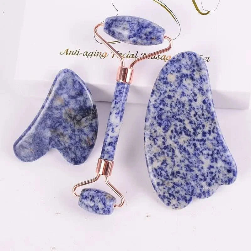 Natural Jade Facial Roller Gua Sha Set Scraping Board Blue Jade Stone Eye Massage Face Lift Body - Clean Vanilla