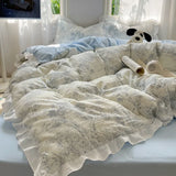 Blue Floral Ruffle Duvet Cover Set Queen 4Pcs