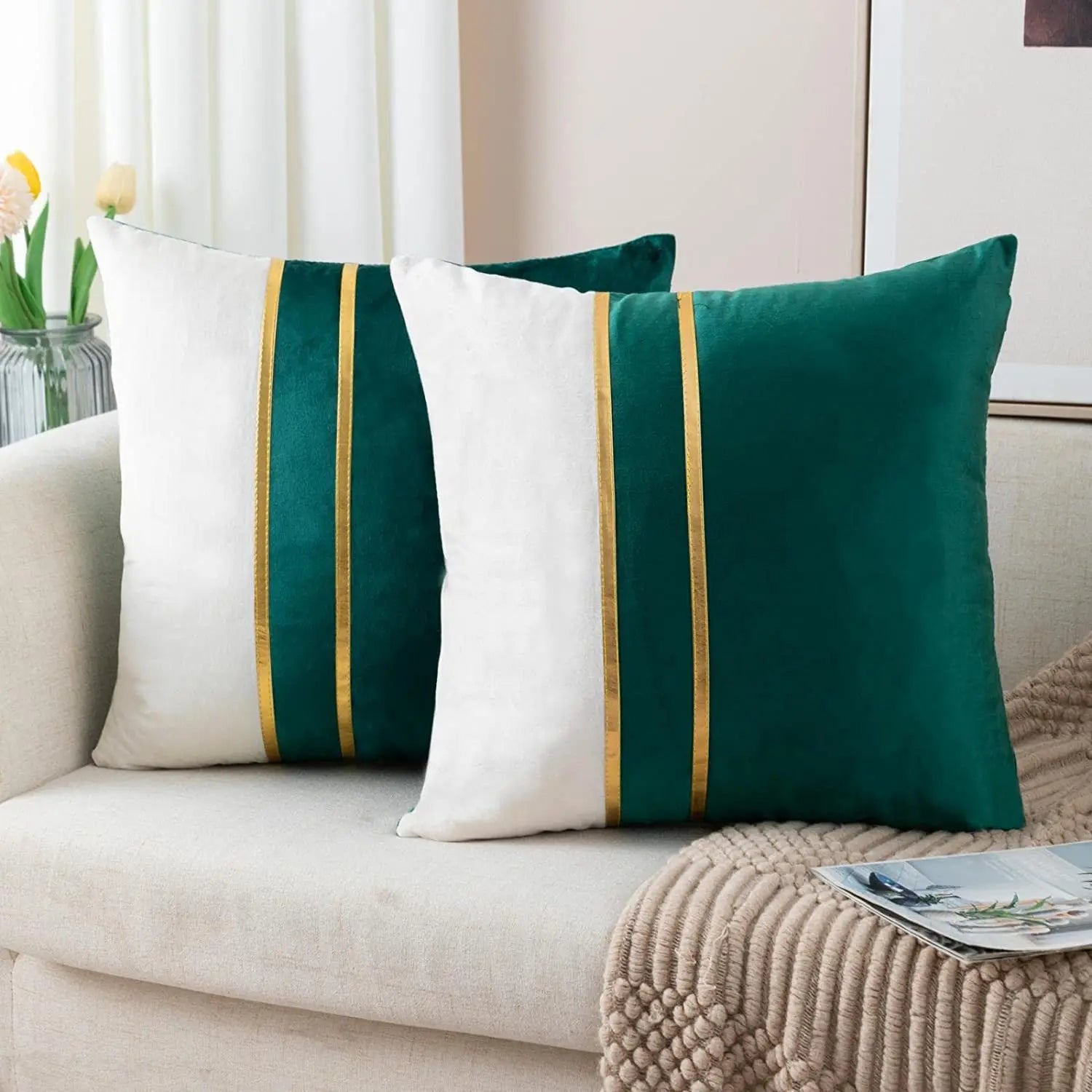 Blue Velvet Gold Bar Cushion Case Set of 2