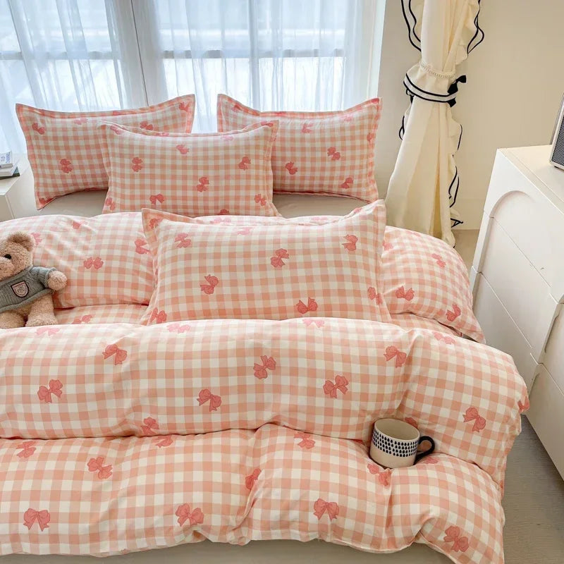 Pink Plaid Duvet Cover Set Kawaii Bowknot 4pcs